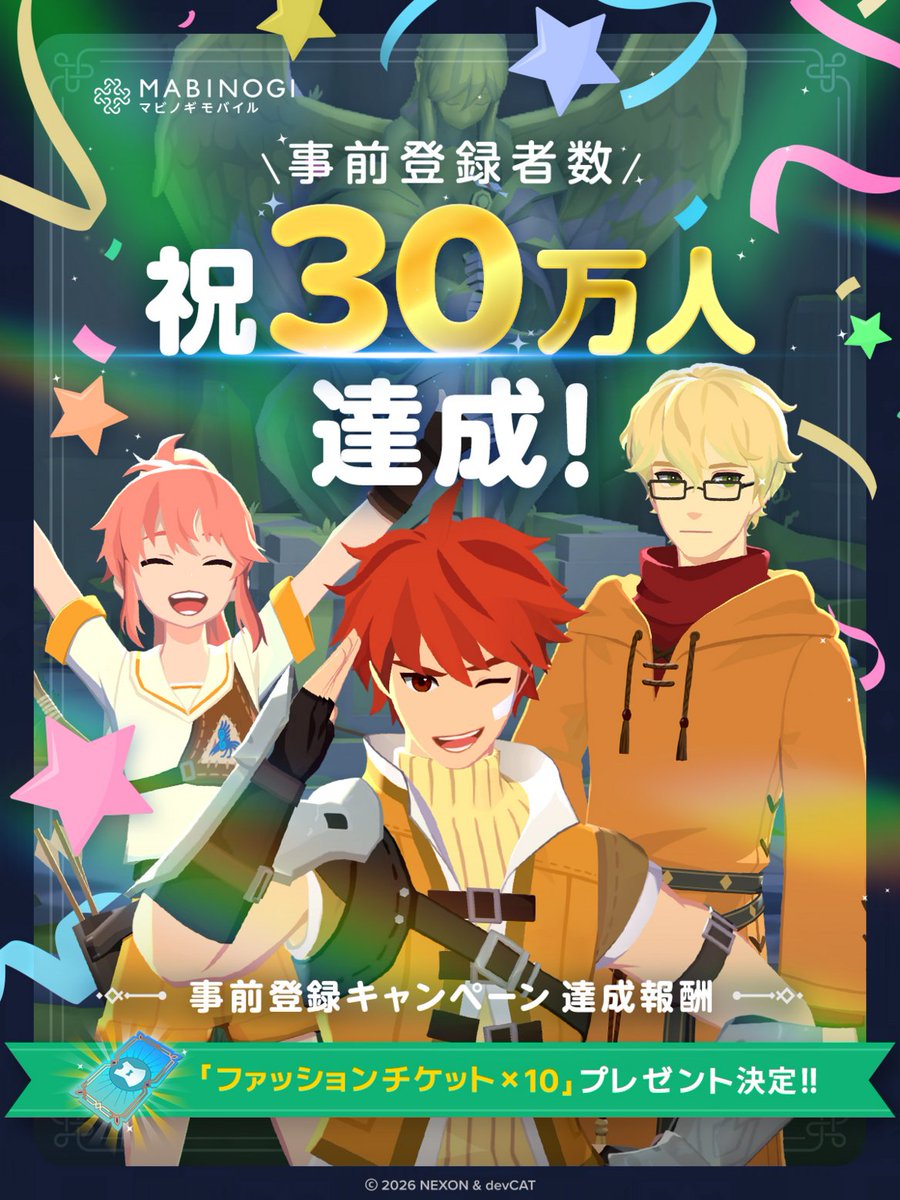MabinogiM_JP's tweet photo. ◥◣✨事前登録数30万人達成！🎉✨◢◤
 
たくさんのご登録ありがとうございます✨
30万達成プレゼントは「ファッションチケット」×10！🎁
 
サービス開始時に冒険者の皆様へお届けします♪
受け取れる報酬はこちら👇
 
・ファッションチケット×40
・染色アンプル選択ボックス×3
・剣士学校制服セット
 
リリース間近！
まだまだ『マビノギモバイル』事前登録受付中です♪
https://t.co/PXaqEdDgdk
 
#マビモバ
