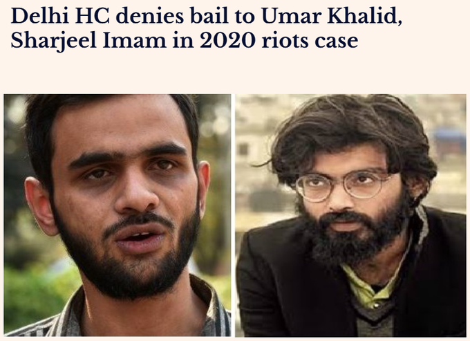 A news headline reading 'Delhi HC denies bail to Umar Khalid, Sharjeel Imam in 2020 riots case' displayed above two side-by-side portrait photos of the two men.