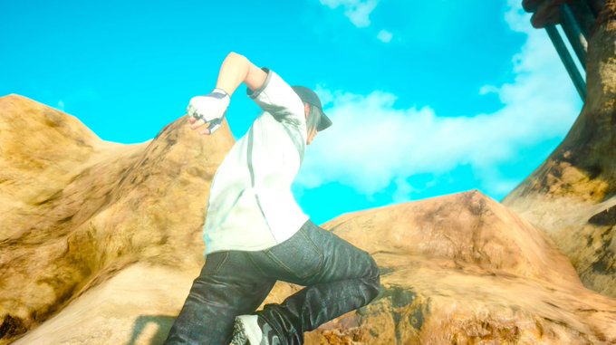 A character from Final Fantasy XV stands atop a rocky outcrop with a fist raised against a vivid blue sky dotted with clouds. The image captures the game's beloved open-sky atmosphere, which the post celebrates as the reason for the poster's newfound appreciation for weather in games, marking it as a turning point that shaped their perception of weather before and after experiencing FF15.