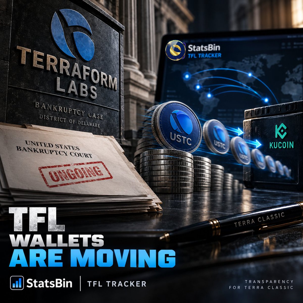 StatsBin's tweet photo. 🚨 𝗧𝗙𝗟 𝗪𝗔𝗟𝗟𝗘𝗧𝗦 𝗔𝗥𝗘 𝗠𝗢𝗩𝗜𝗡𝗚 - $𝗨𝗦𝗧𝗖 𝗔𝗖𝗧𝗜𝗩𝗜𝗧𝗬 𝗖𝗢𝗡𝗧𝗜𝗡𝗨𝗘𝗦

There has now been significant activity across wallets being monitored by the 𝗦𝘁𝗮𝘁𝘀𝗕𝗶𝗻 𝗧𝗙𝗟 𝗧𝗿𝗮𝗰𝗸𝗲𝗿.

The tracker currently monitors 119 wallets from the public TFL court-document wallet list, with:

🔹 𝟯𝟲𝟴.𝟳𝗠 $𝗨𝗦𝗧𝗖 currently remaining
🔹 𝟮.𝟰𝟮𝟱𝗕 $𝗟𝗨𝗡𝗖
🔹 𝟱 𝘁𝗿𝗮𝗰𝗸𝗲𝗱 𝘄𝗮𝗹𝗹𝗲𝘁𝘀 showing outbound movement since the bankruptcy-case anchor
🔹 Further activity recorded as recently as 𝗧𝗢𝗗𝗔𝗬 - 𝟯𝟬 𝗦𝗘𝗣𝗧𝗘𝗠𝗕𝗘𝗥

One of the most notable active wallets is the tracked KuCoin deposit wallet, currently containing around 𝟭𝟱.𝟳𝟴𝗠 $𝗨𝗦𝗧𝗖, with its latest outbound activity recorded today.

Other tracked wallets also recorded movement on 29 September.

With hundreds of millions of USTC still sitting across the tracked wallets, these movements are worth watching closely - particularly while the Terraform Labs bankruptcy process continues.

𝗦𝘁𝗮𝘁𝘀𝗕𝗶𝗻 𝗶𝘀 𝘁𝗿𝗮𝗰𝗸𝗶𝗻𝗴 𝘁𝗵𝗲𝘀𝗲 𝘄𝗮𝗹𝗹𝗲𝘁𝘀 𝗹𝗶𝘃𝗲.

👇 Follow every movement:
https://t.co/7l7Q4SPdq6

#LUNC #USTC #TerraClassic