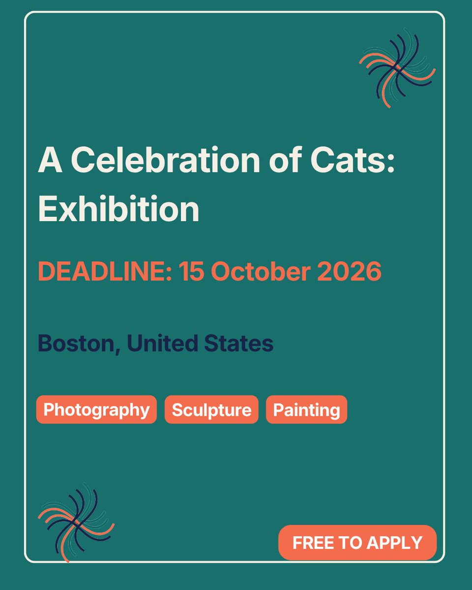 TheOCPlive's tweet photo. Calling artists with a love for cats.
A Celebration of Cats invites artists to submit work inspired by our favourite feline companions, with selected pieces presented as part of a dedicated exhibition celebrating cats in art.
Deadline: 30 September 2026
#OpenCall #CatArt #TheOCP https://t.co/UQqrgtOxgd