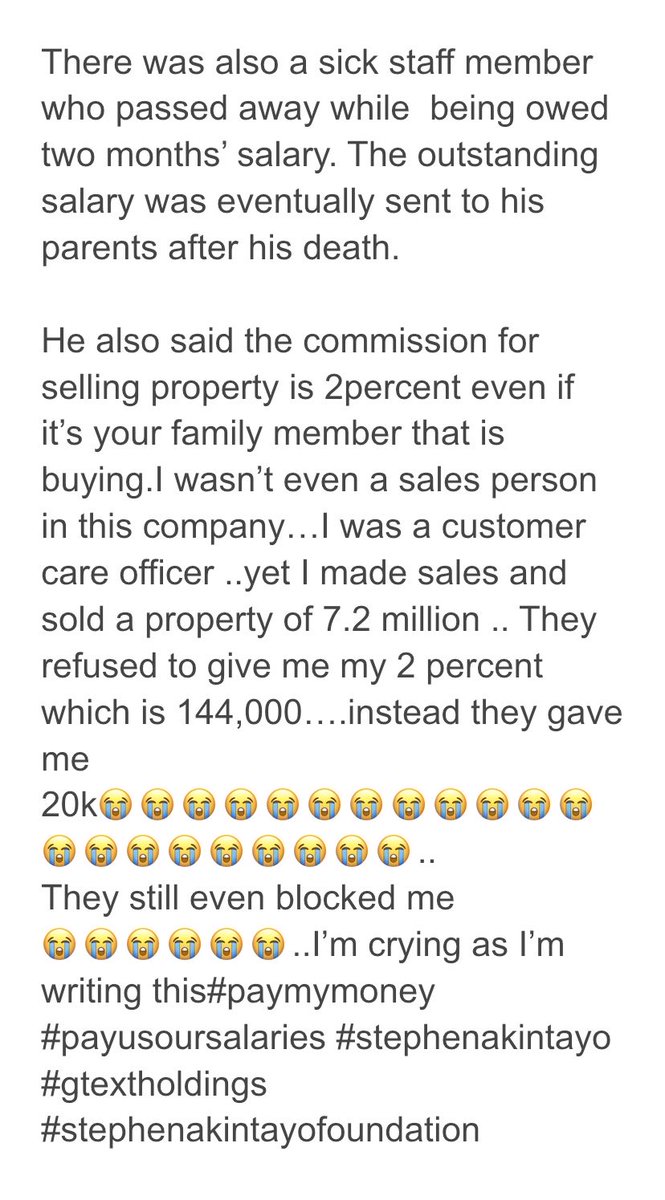 tori_vee_'s tweet photo. Please help me beg Stephen Akintayo to pay me  my three months salary and commission 😭😭😭😭😭😭😭😭😭😭😭
They have refused to pay my remaining December salary,my full January salary,my full February salary and my half march salary and commission https://t.co/Cp93eg3boS