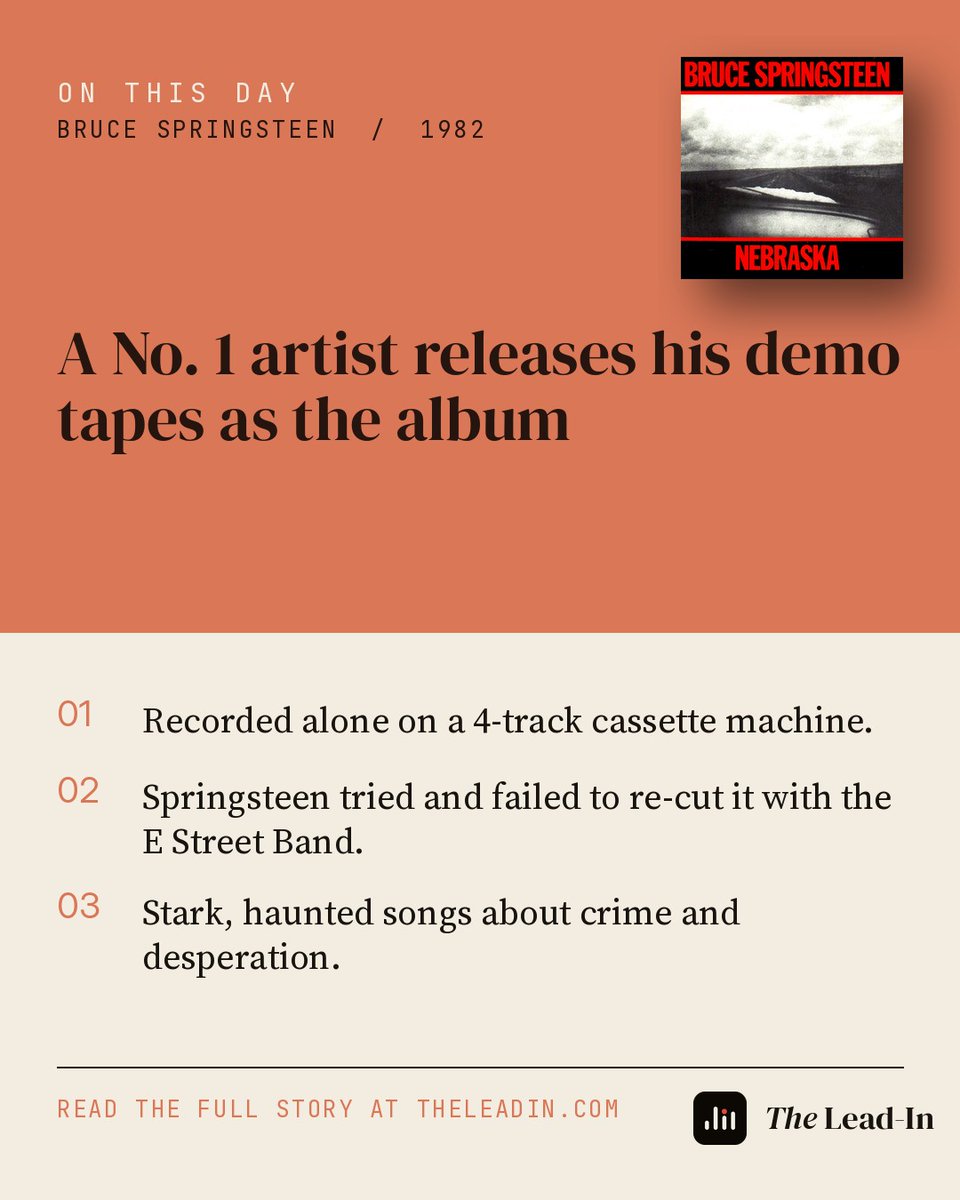 TheLead_in's tweet photo. On this day in 1982, Bruce Springsteen released Nebraska. A number one artist releases his demo tapes as the album.
https://t.co/6zd1S5rVaH
#brucespringsteen #nebraska #onthisday #vinylcommunity #vinyl https://t.co/7phmNWdQ8y