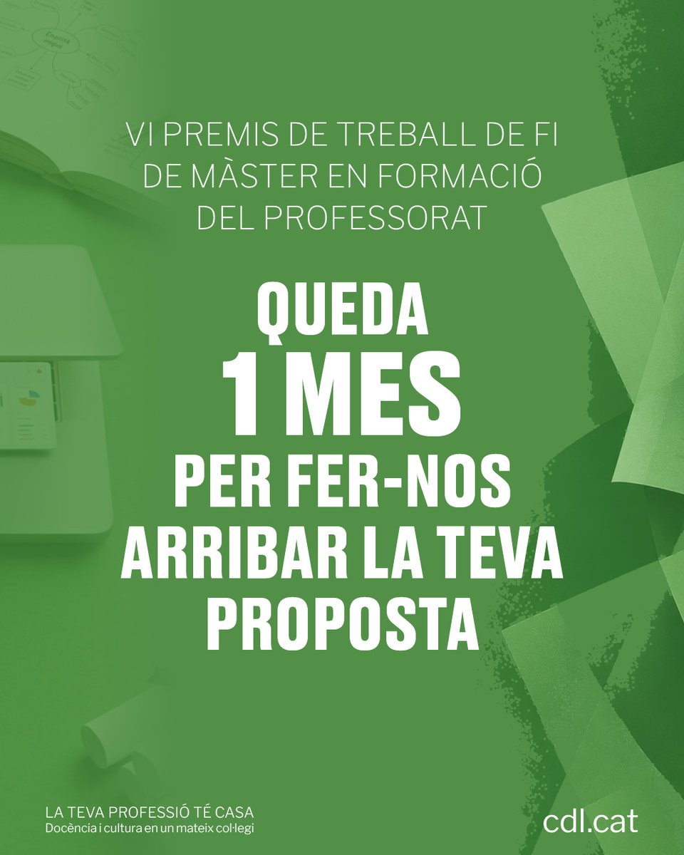 cdlcat's tweet photo. ⏳ Queda només un mes!

🏆 Presenta la teva candidatura als Premis de treball de fi de màster del Col·legi i comparteix un treball que pot contribuir a la millora i la innovació en l’àmbit educatiu.

MÉS INFORMACIÓ👉https://t.co/zA5sXGttCE https://t.co/zPVAQRnZ3x