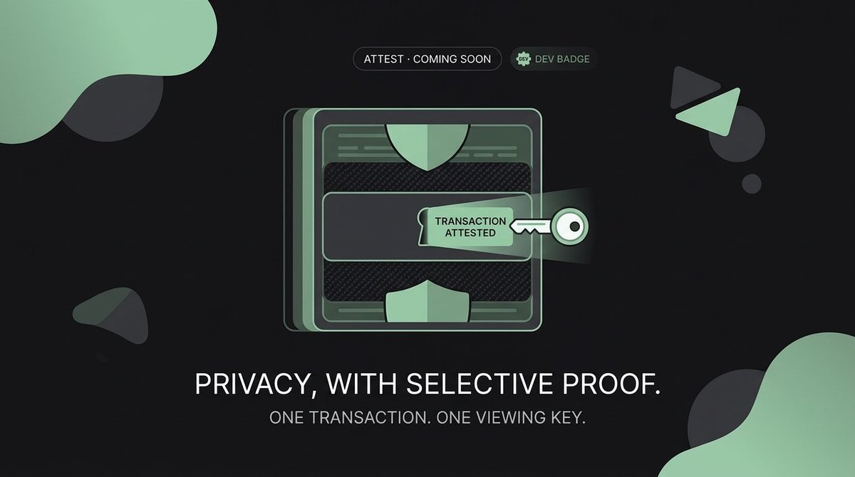 privoracash's tweet photo. Soon on PRIVORA: Attest.

Privacy should not mean "unverifiable." Sometimes you need to prove a transaction happened. To an auditor. An accountant. A counterparty. A tax office.

Attest gives you a per-transaction viewing key: proof of one specific transaction, while everything else you have ever done stays private.

It carries a dev badge today, because we only announce things that work. This one is close.

Follow the build: https://t.co/4wFHqs8CO3