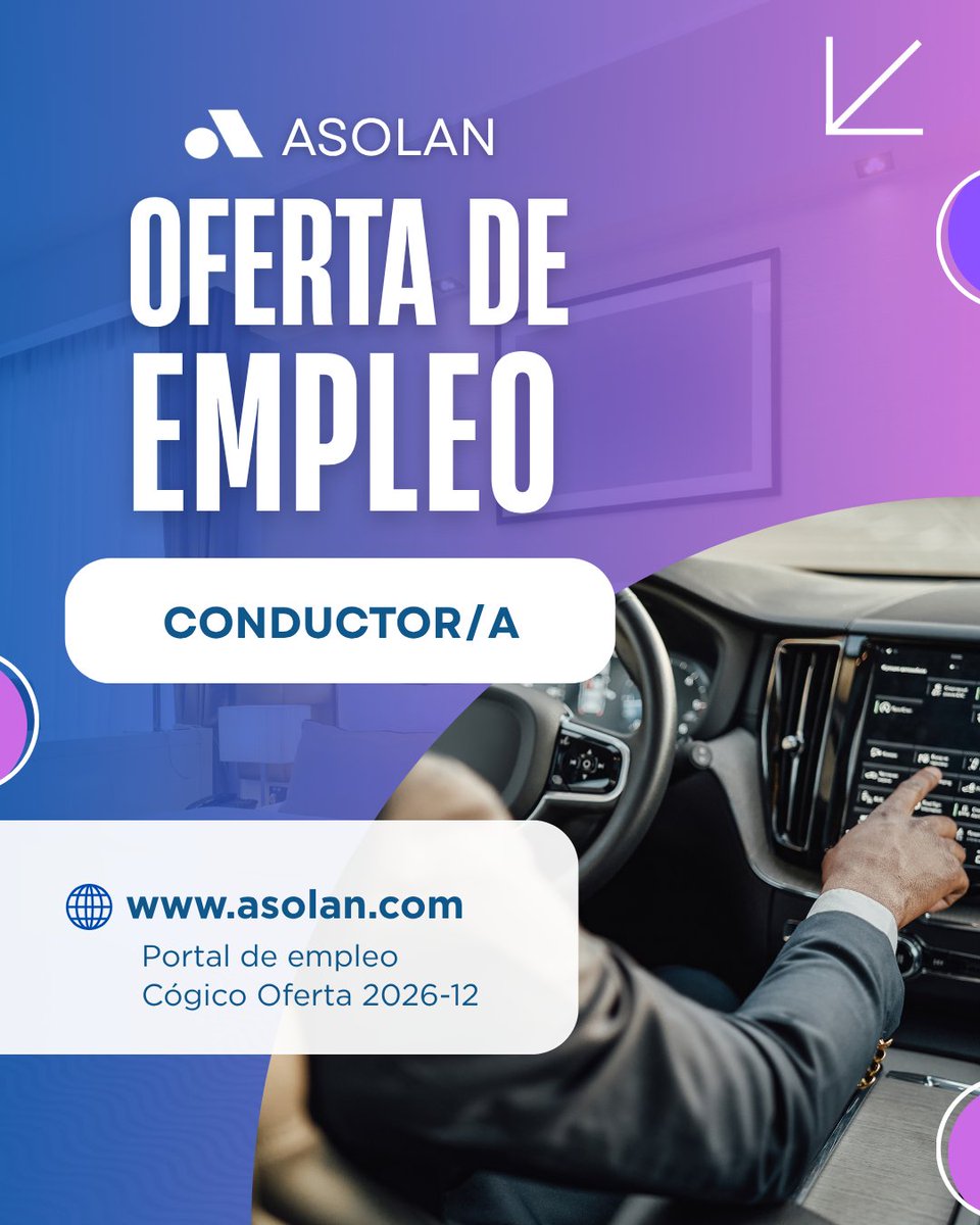 Asolan's tweet photo. 🚨OFERTA DE EMPLEO DISPONIBLE
 🚘Conductor/a de vehículos de alta gama 
 📅Incorporación: 10 de octubre de 2026
 📍Lanzarote
 
Los requisitos completos y cómo postular se pueden consultar en: 
https://t.co/7IJvAnrSJf

Si cumples el perfil, ¡esta es tu oportunidad! 👏

#empleo https://t.co/7AaCpzxPoB