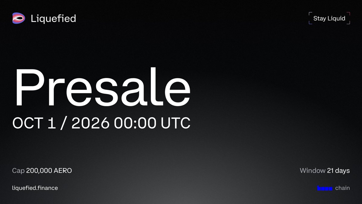 LiquefiedFi's tweet photo. Everything about Liquefied Presale.

• Deposit AERO → receive pLAERO +9% (+1% with a referral)
• 200,000 AERO cap · 3 weeks
• pLAERO → LAERO 1:1, claimable for 8 weeks

Opens tomorrow, 1 Oct, 00:00 UTC
https://t.co/AEnSvgxHom

$AERO https://t.co/sWfjHKsoUc