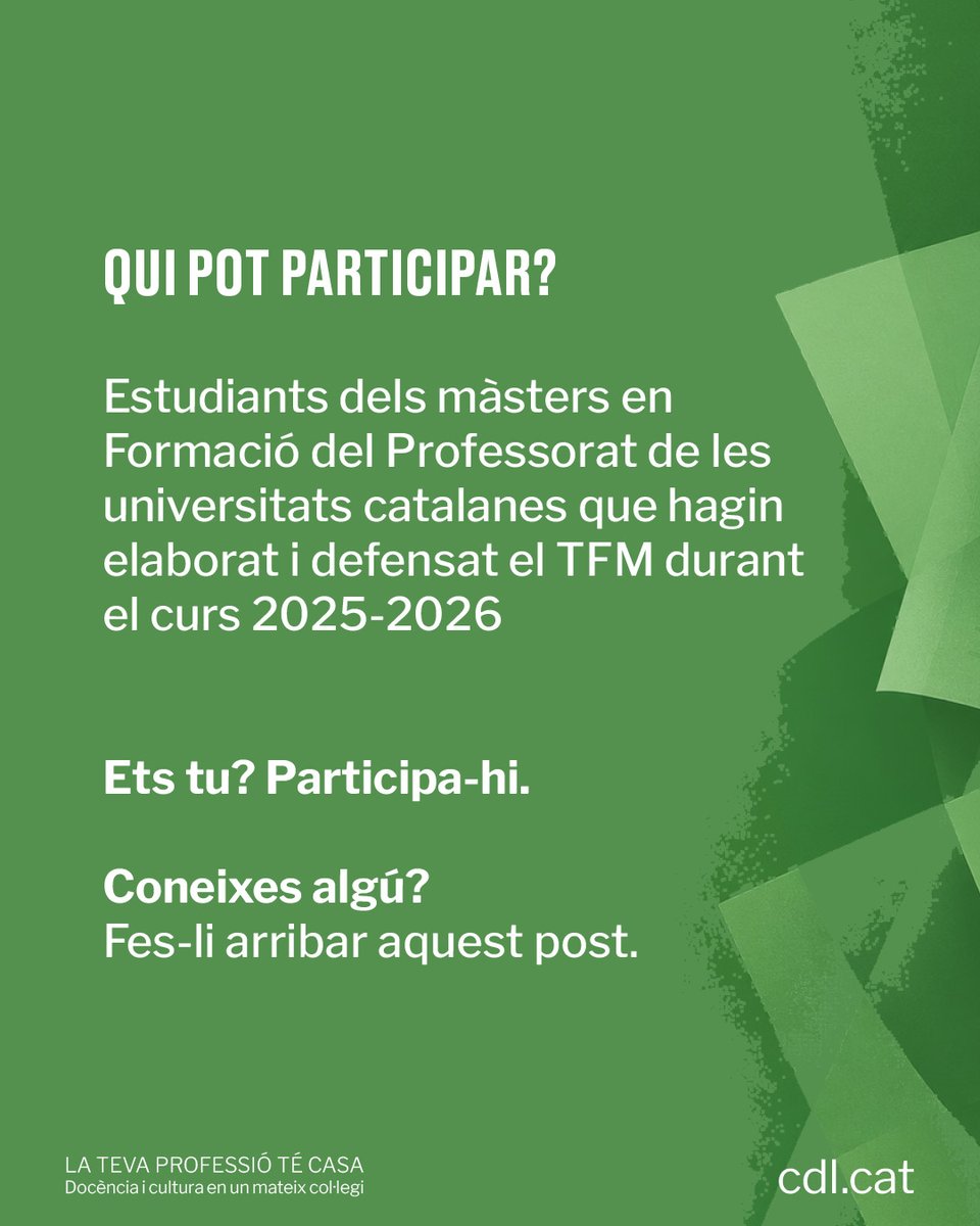 cdlcat's tweet photo. ⏳ Queda només un mes!

🏆 Presenta la teva candidatura als Premis de treball de fi de màster del Col·legi i comparteix un treball que pot contribuir a la millora i la innovació en l’àmbit educatiu.

MÉS INFORMACIÓ👉https://t.co/zA5sXGttCE https://t.co/zPVAQRnZ3x