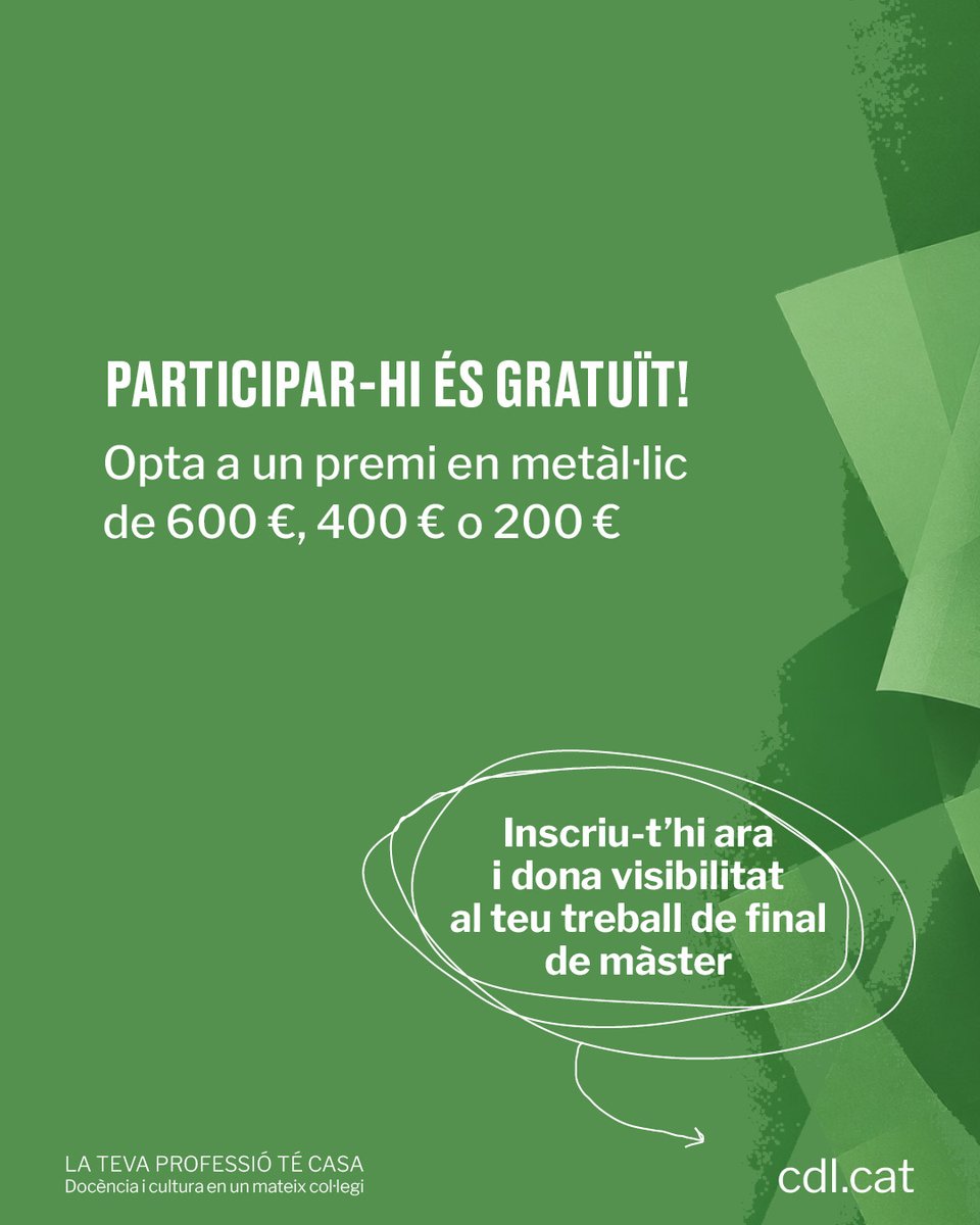 cdlcat's tweet photo. ⏳ Queda només un mes!

🏆 Presenta la teva candidatura als Premis de treball de fi de màster del Col·legi i comparteix un treball que pot contribuir a la millora i la innovació en l’àmbit educatiu.

MÉS INFORMACIÓ👉https://t.co/zA5sXGttCE https://t.co/zPVAQRnZ3x