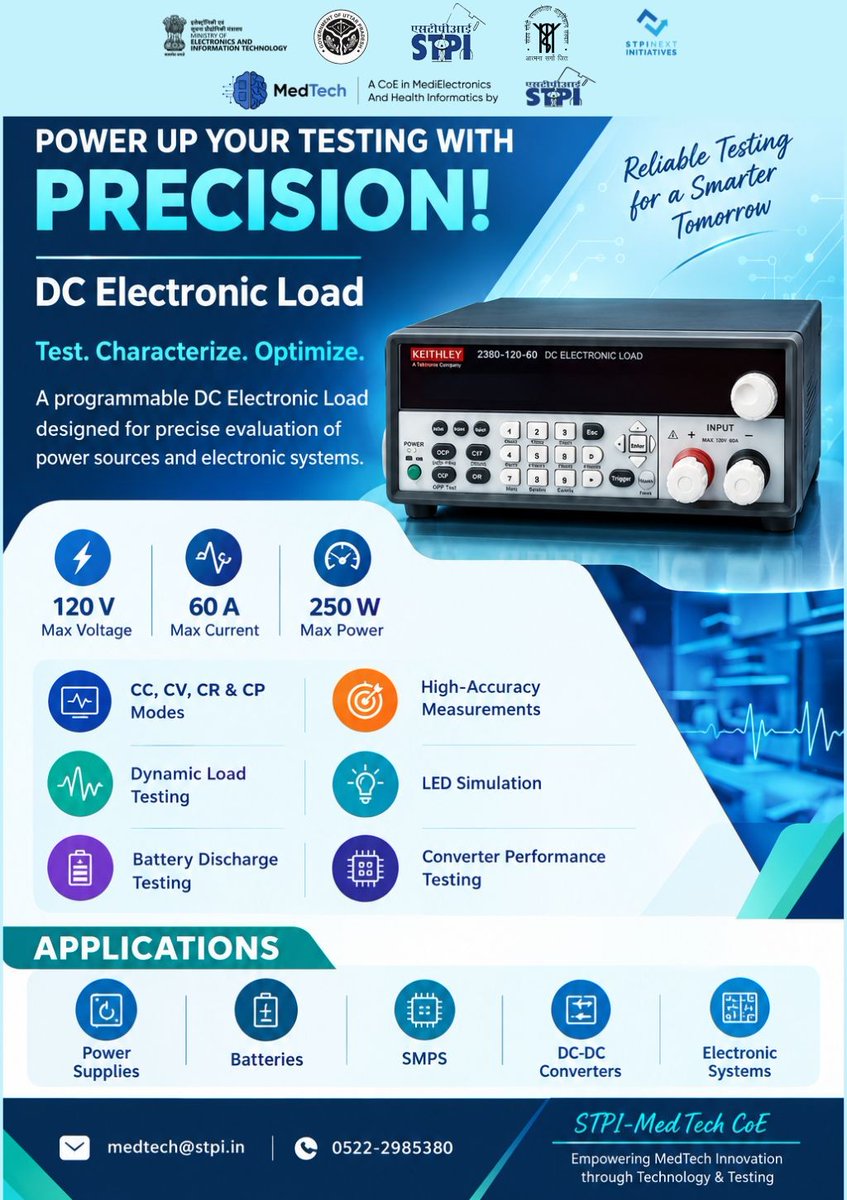 MedTechCoE's tweet photo. ⚡ Power testing made precise at STPI-MedTech CoE!
Our DC Electronic Load enables:
✅ Accurate load testing
✅ Precise measurements
✅ Reliable performance
#STPIMedTech #MedTech #ElectronicLoad
@stpiindia @arvindtw https://t.co/qTiwSrNbZo