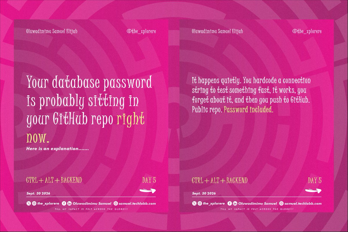 the_xplorere's tweet photo. Auth protects your routes. This protects your secrets. A .env file and one line in .gitignore, small habit, big difference.
Have you ever pushed a secret to GitHub by accident? Be honest.
#BackendDevelopment #NodeJS #EnvironmentVariables #DevSecurity #CtrlAltBackend https://t.co/AAAQmD7NIN