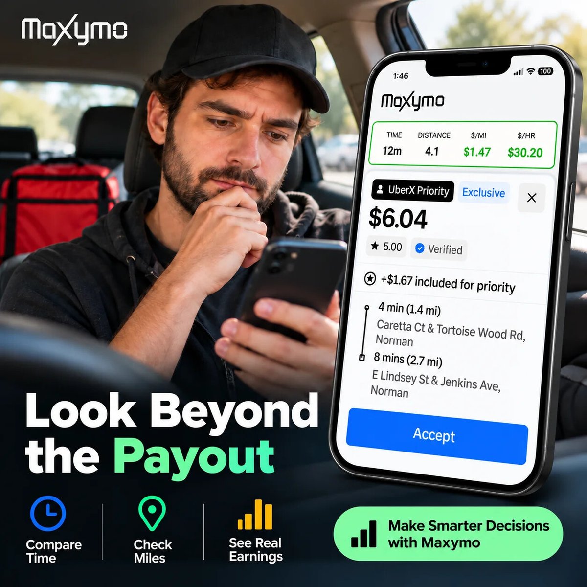 Middleton_Tech's tweet photo. A bigger payout doesn’t always mean a better offer. Maxymo’s Offer Analyzer shows total pay, pay/mile, estimated hourly pay, time &amp; distance—so you can compare offers against your standards and choose what fits your goals. https://t.co/nnToFkTEkA

#GigDrivers… https://t.co/IDypN21HJG
