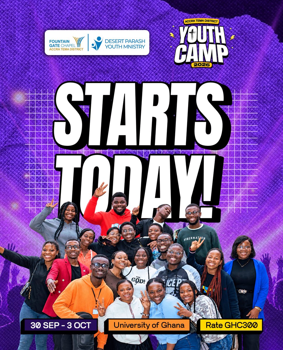 desertparash_tm's tweet photo. It's TODAY!!
The highly anticipated Accra Tema District Youth Camp starts today at the University of Ghana.
It promises to be a time of revival, renewing and refreshing.
See you there.
#ATDYC26 #DesertParash #YouthCamp #FountainGateChapel https://t.co/2wFbrPbXEN