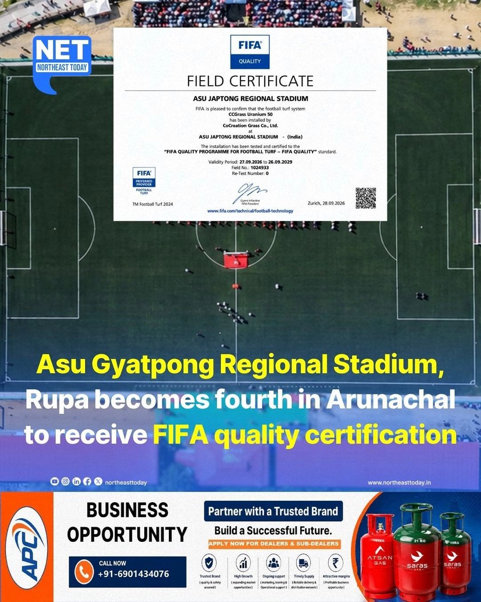 NortheastToday's tweet photo. #ArunachalPradesh | The Asu Gyaptong Regional Stadium at Rupa in West Kameng district has been awarded the prestigious FIFA Quality Field Certificate.
Read more..
https://t.co/WONwu8xff7
#WestKameng #RupaStadium #FIFAQuality #FIFA #Football #NortheastToday https://t.co/e5LHKXkWfk