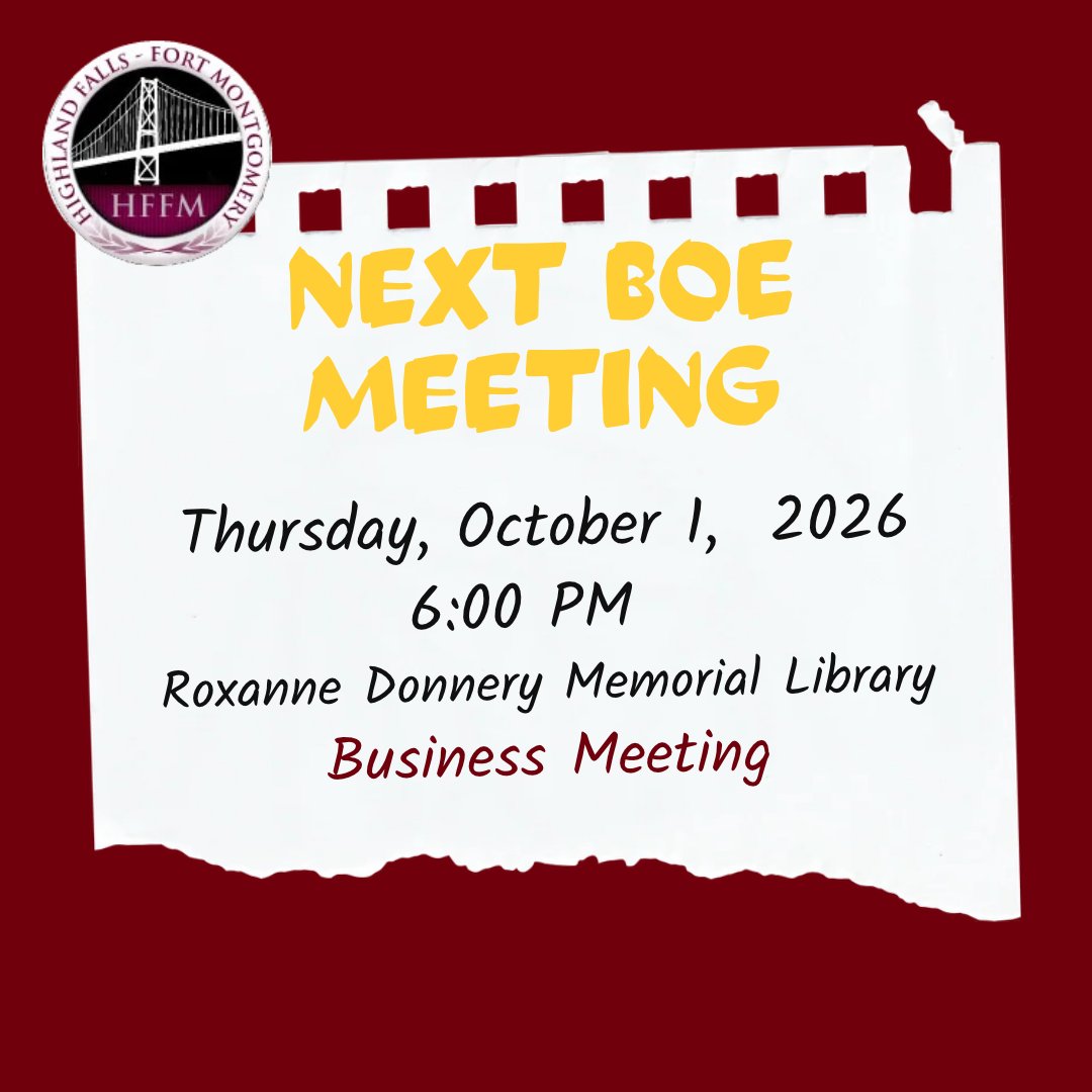 HFFMCSD's tweet photo. The Board of Education will hold a Business Meeting on Thursday, October 1, 2026 at 6PM in the Roxanne Donnery Memorial Library at JIO.
#HFFMCSD #JIO #HFIS #FMES https://t.co/9OsNcdZuzz
