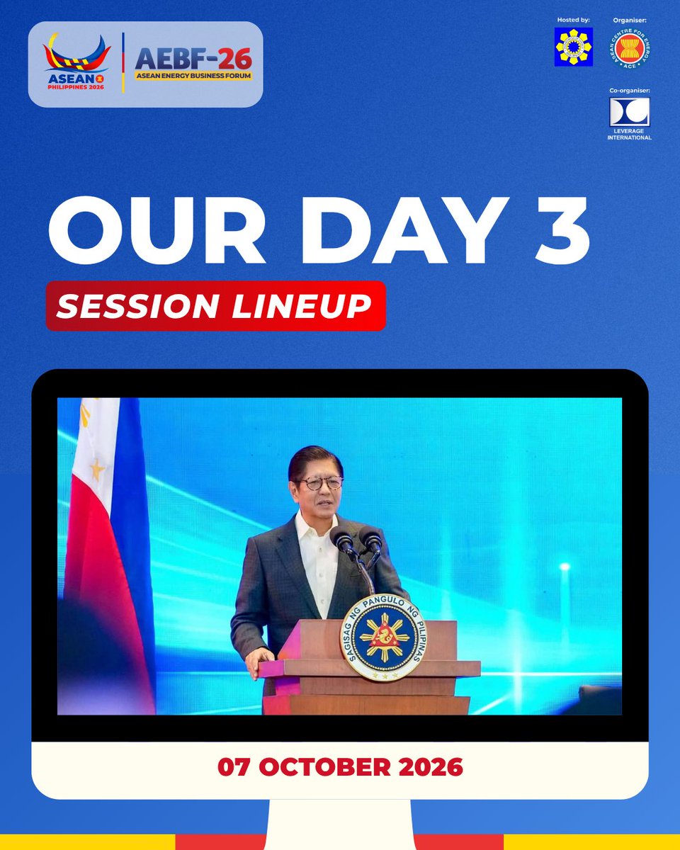 asean_aebf's tweet photo. ⚡DAY 3 SESSION LINEUPS | #AEBF26

 📌Book Your AEBF-26 Ticket:
https://t.co/WCIk09JuF1

📅 05–09 October 2026
📍 PICC, Metro Manilla.
 
🔗 https://t.co/VqeRCq66KM 
📩 Enquiries: aebf@aseanenergy.org https://t.co/kYlhRAUDOi