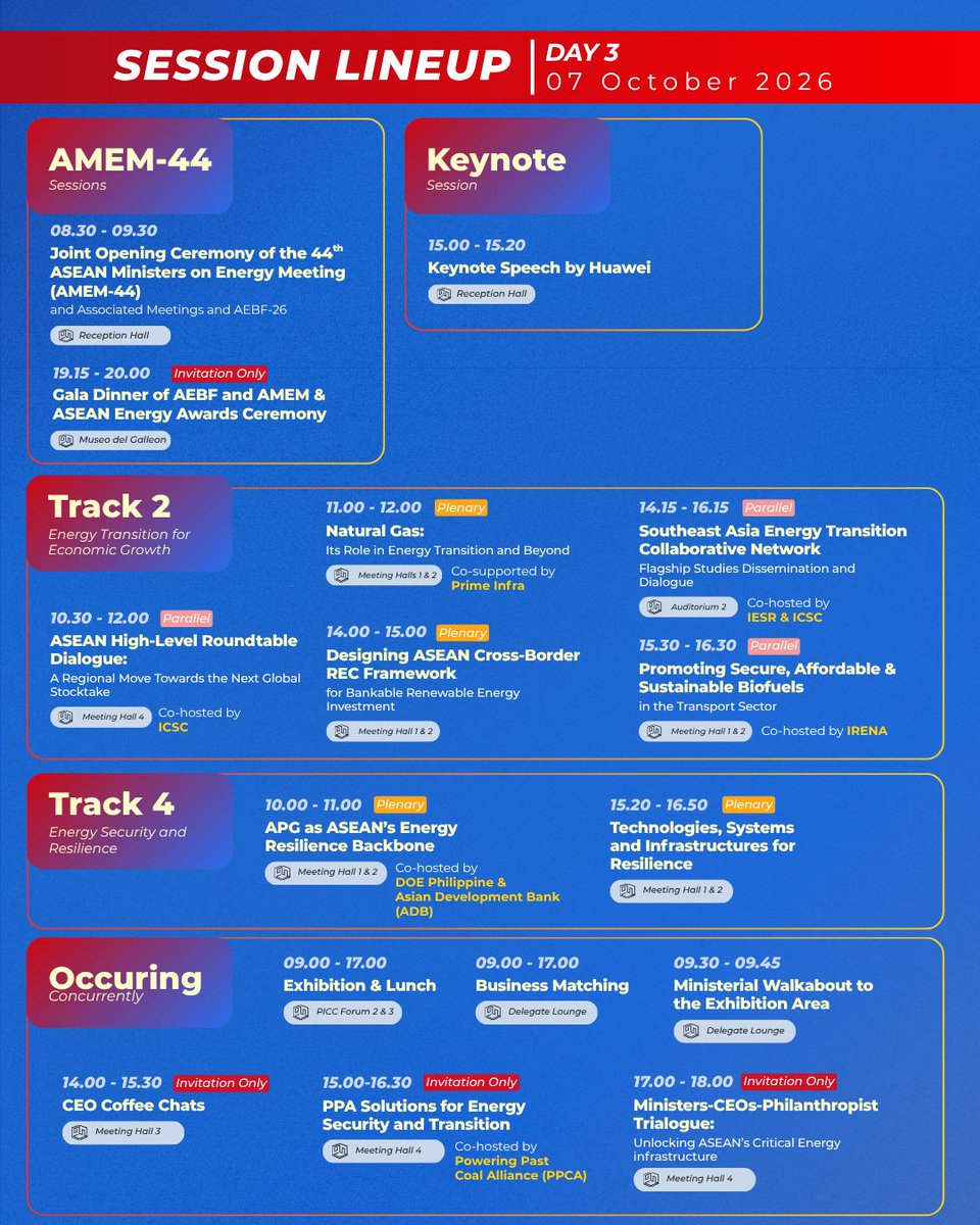asean_aebf's tweet photo. ⚡DAY 3 SESSION LINEUPS | #AEBF26

 📌Book Your AEBF-26 Ticket:
https://t.co/WCIk09JuF1

📅 05–09 October 2026
📍 PICC, Metro Manilla.
 
🔗 https://t.co/VqeRCq66KM 
📩 Enquiries: aebf@aseanenergy.org https://t.co/kYlhRAUDOi