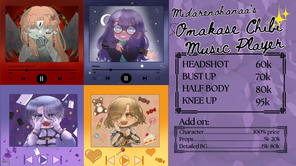 midarenohanaa's tweet photo. (♡ + ↻ are very appreciated!)

Hello! My omakase music player is open for October slot! 

Normal Style: (1/4)
Chibi Style: (0/3)

More comms: 
https://t.co/aJRp6KV2UH
VGEN: https://t.co/eG5h57W4jS 

#midarerucommission
#commissionsopen #artidn #ArtCommission #ArtistsofSEA_cms https://t.co/eCRxgbfLoP