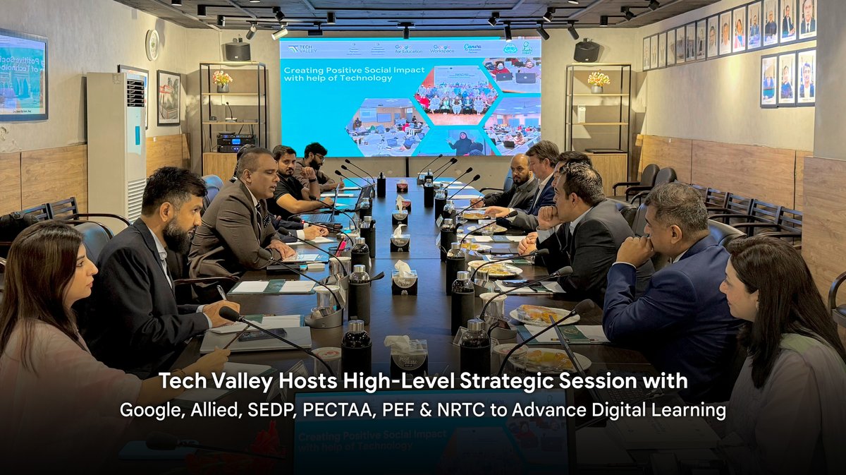 TechValleyPak's tweet photo. Tech Valley hosted a meeting with Google, Allied, SEDP, PECTAA, PEF & NRTC to discuss the future of digital education in Punjab.
The discussion focused on strengthening technology-enabled learning and supporting educators.
#Techvalley #Goolge #Allied https://t.co/PgQpLoaTWd