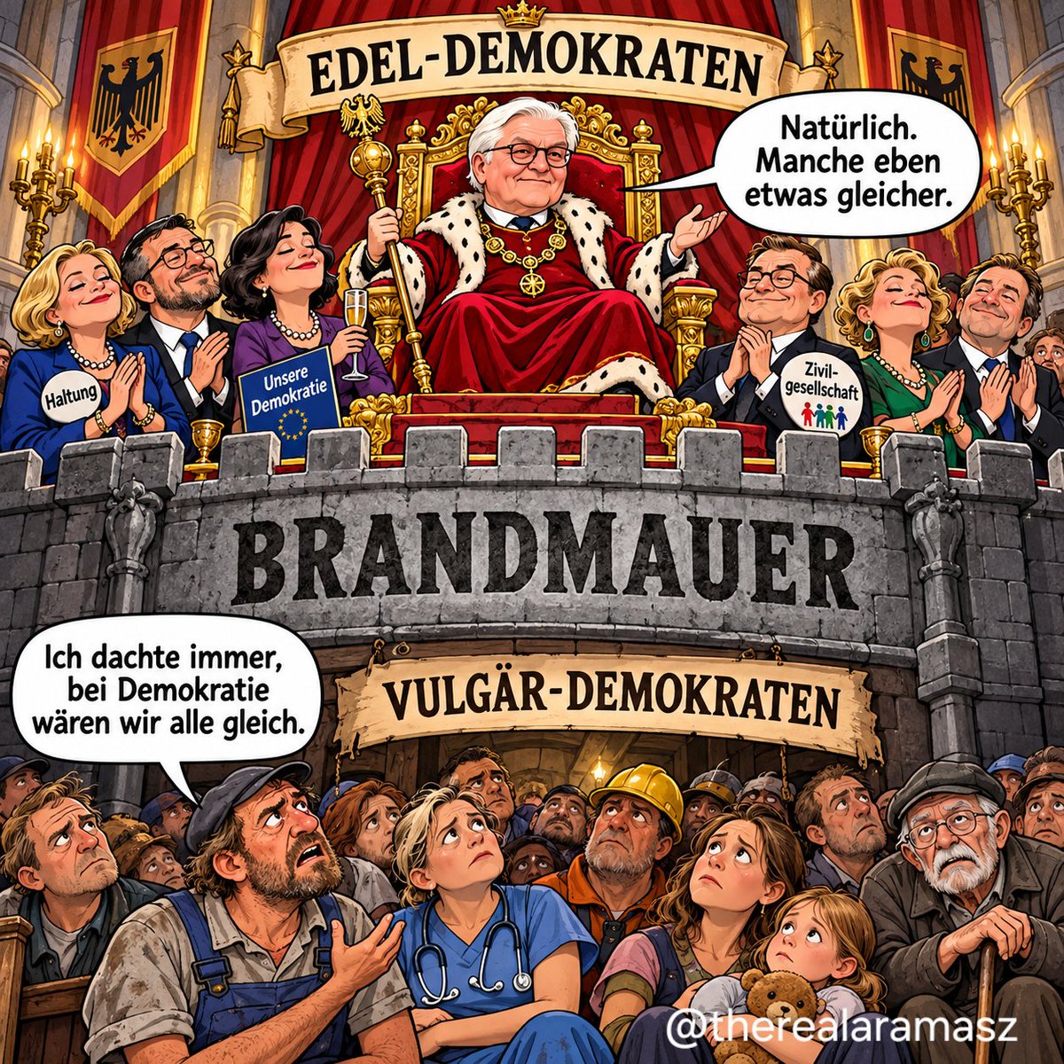 therealaramasz's tweet photo. Die Idee aus dem gestrigen Kommentar unter dem "Walter der Spalter"-Bild von @RolfMeieryoou in zwei Versionen umgesetzt.

Bitteschön! 🤡

#Vulgärdemokraten #Brandmauer #Satire https://t.co/9oUiTxvGQR
