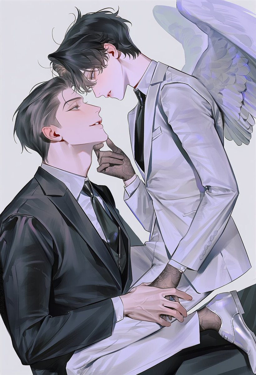 munzi__00's tweet photo. 천사가 내려왔네 프롬 공유

공통 : 2people, simple background, white background, intimate distance, straddling, sitting on lap, holding hands, looking at each other, eye contact, high tension, highly detailed,

왼 : sitting, looking up at partner, holding partner's hand, hand on partner's thigh, formal suit, black suit, white dress shirt, necktie, formal gloves

오 : straddling partner, sitting on partner's lap, leaning forward, looking down at partner, hand on partner's chin, touching partner's face, white lace gloves, angel wings, 
수트(white suit, white dress shoes,) 드레스(tight mini dress, sleeveless dress, platform shoes,)
