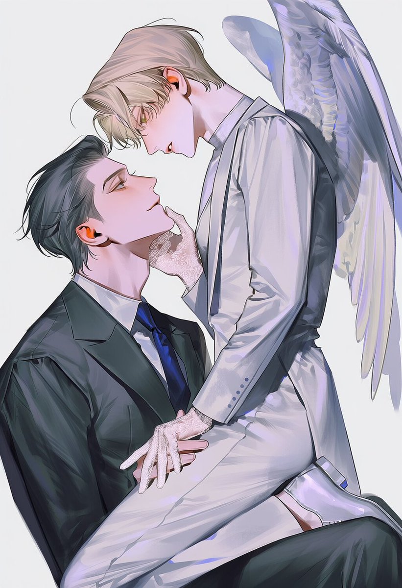 munzi__00's tweet photo. 천사가 내려왔네 프롬 공유

공통 : 2people, simple background, white background, intimate distance, straddling, sitting on lap, holding hands, looking at each other, eye contact, high tension, highly detailed,

왼 : sitting, looking up at partner, holding partner's hand, hand on partner's thigh, formal suit, black suit, white dress shirt, necktie, formal gloves

오 : straddling partner, sitting on partner's lap, leaning forward, looking down at partner, hand on partner's chin, touching partner's face, white lace gloves, angel wings, 
수트(white suit, white dress shoes,) 드레스(tight mini dress, sleeveless dress, platform shoes,)
