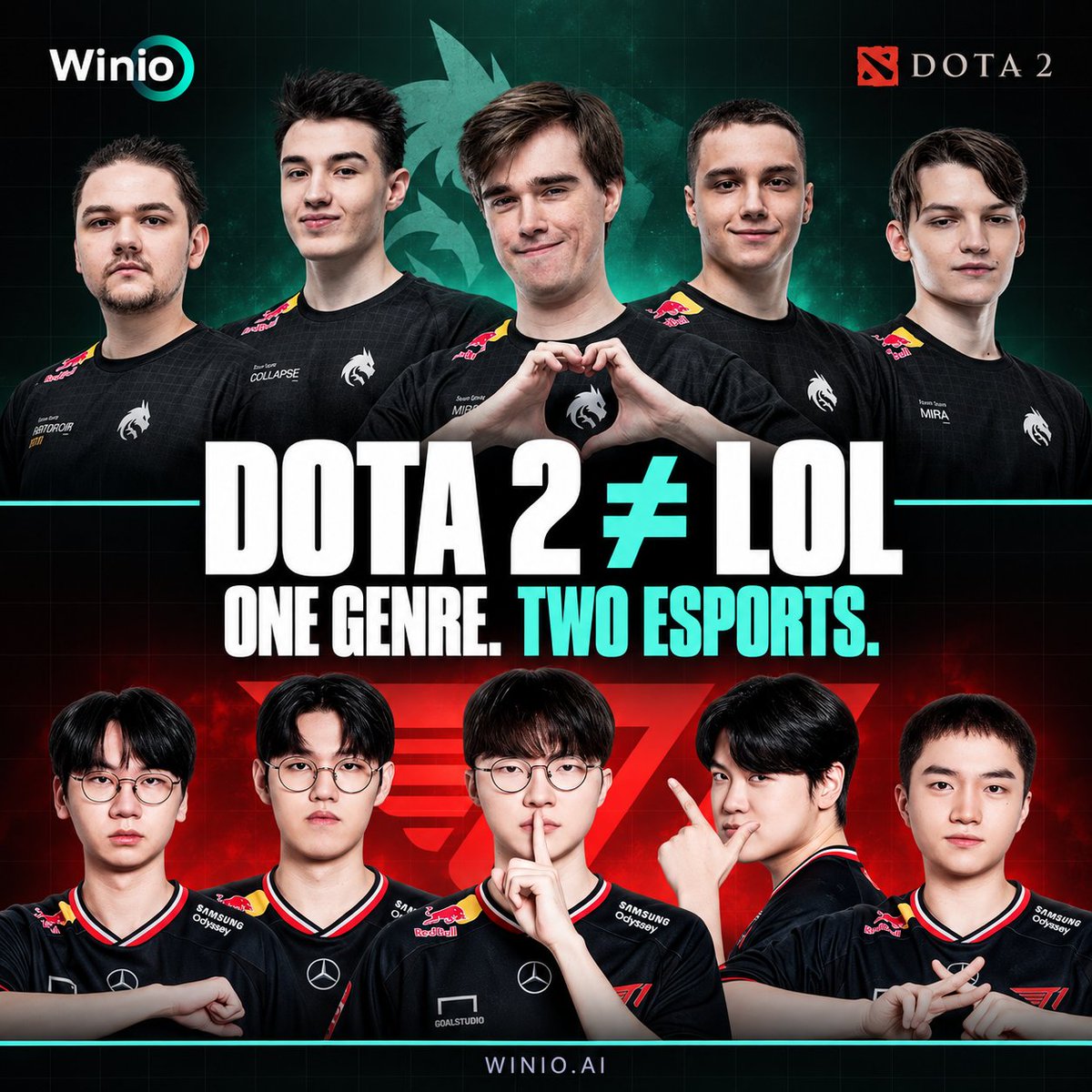 Winio_ai's tweet photo. Dota 2 and LoL share a genre, but their esports reward different things ⚡️

Dota 2: flexible drafts, complex interactions and more comeback routes.

LoL: objective control, tempo and snowballing small leads.

That is why https://t.co/xwDaYjVX70 models each game separately.

Which is harder to predict? 👀
