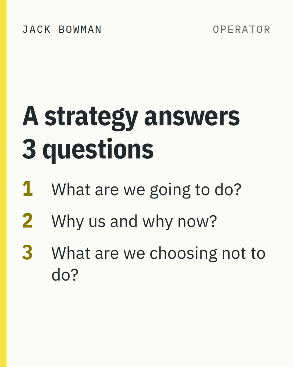 JackBowman's tweet photo. Most strategies I’m shown are execution plans in disguise.

The plan is the how. A strategy is the what and the why (and what you won’t do).

Which question would your last strategy paper fail? #Strategy https://t.co/n02t4nS5B7
