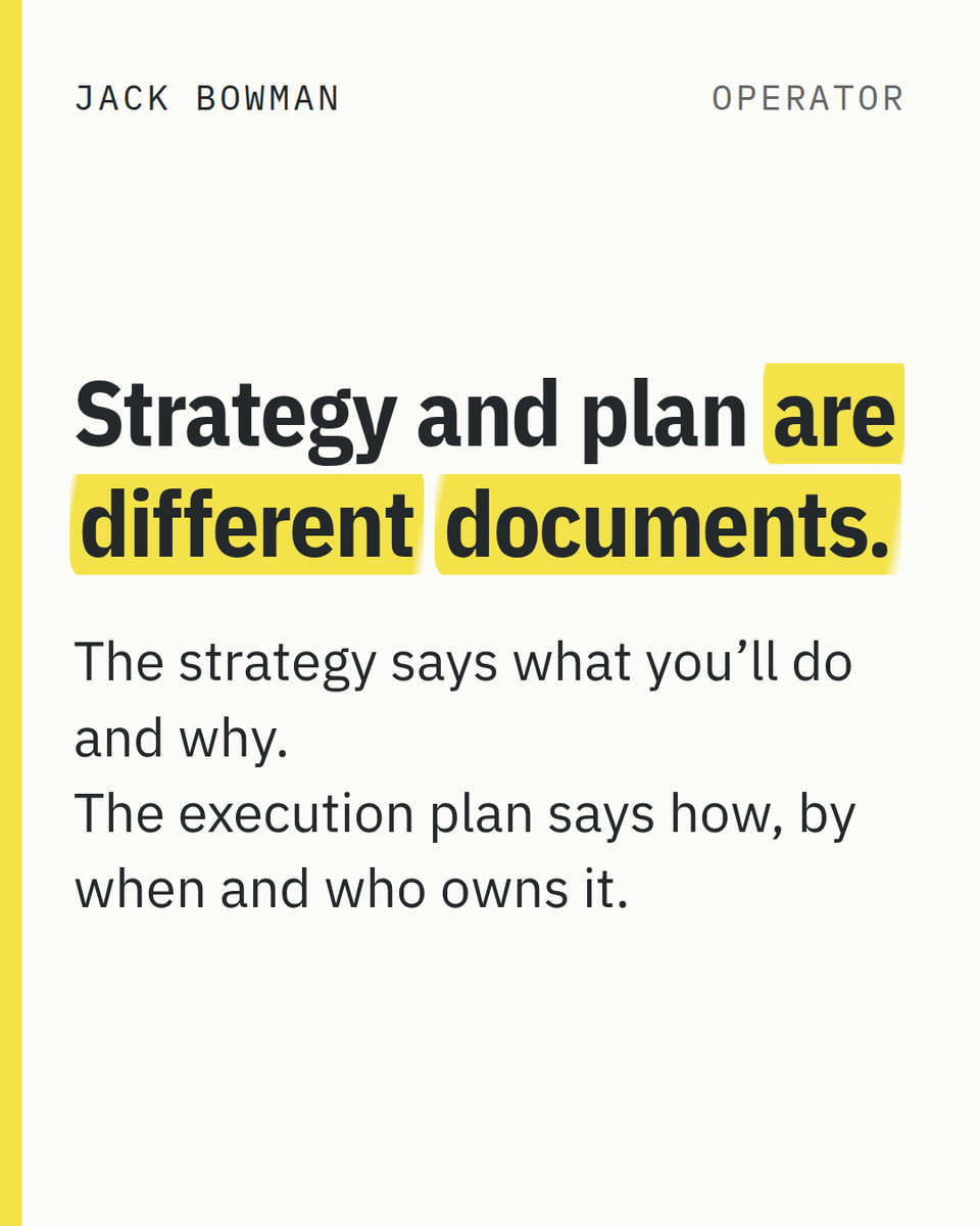 JackBowman's tweet photo. Most strategies I’m shown are execution plans in disguise.

The plan is the how. A strategy is the what and the why (and what you won’t do).

Which question would your last strategy paper fail? #Strategy https://t.co/n02t4nS5B7