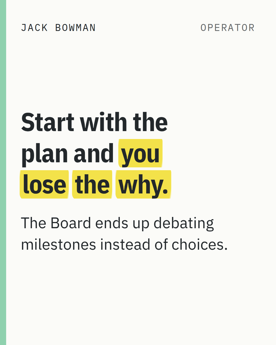 JackBowman's tweet photo. Most strategies I’m shown are execution plans in disguise.

The plan is the how. A strategy is the what and the why (and what you won’t do).

Which question would your last strategy paper fail? #Strategy https://t.co/n02t4nS5B7