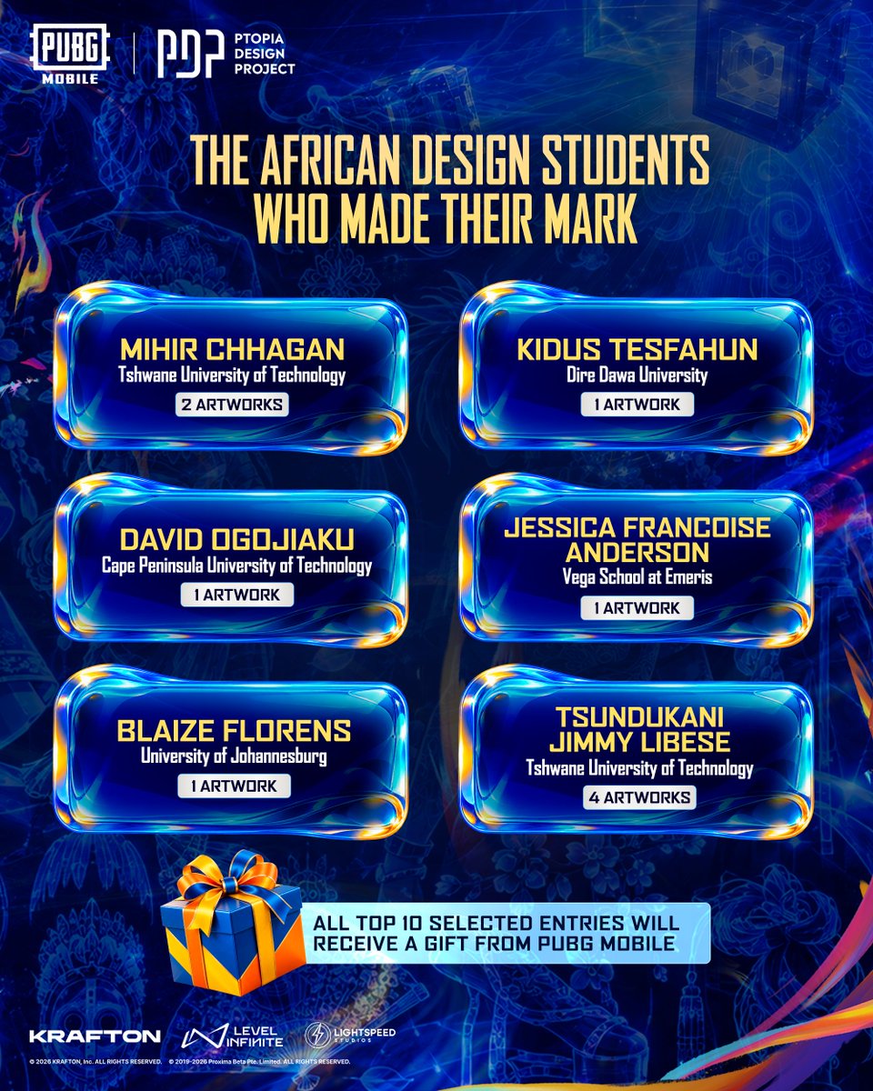 PUBGMOBILE_AF's tweet photo. THE TOP 10 HAVE BEEN SELECTED 🔥

After an incredible round of submissions, the judges have officially shortlisted the Top 10 artworks of PUBG MOBILE Rising Designer Season 2. These African design students stood out through their creativity, originality, and strong design concepts.

A huge congratulations to the selected designers, and a big thank you to everyone who took part and shared their creativity with us. 

Each selected Top 10 entry will also receive a gift from PUBG MOBILE. 🎁

The Popularity Award is coming soon. Stay tuned!

#PUBGMOBILE #PUBGMAfrica #PUBGMPDP #PUBGMRisingDesigner