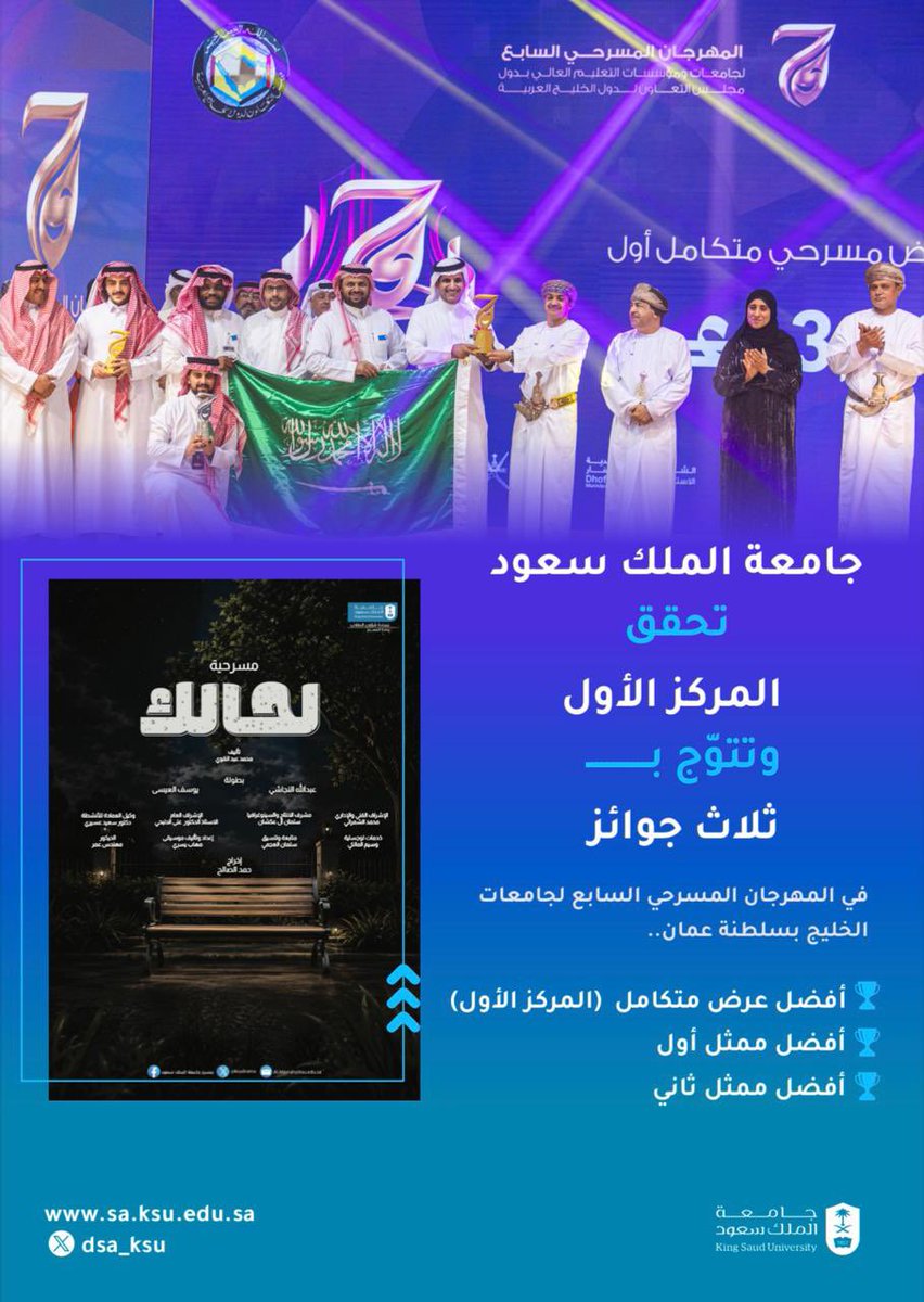 dsa_ksu's tweet photo. #جامعة_الملك_��عود  تتوّج بالمركز الأول في المهرجان المسرحي الخليجي السابع بسلطنة عُمان، بعد أن حصد عرضها المسرحي «لحالك»، الذي قدمته وحدة المسرح بـ #عمادة_شؤون_الطلاب، ثلاث جوائز : أفضل عرض متكامل، وأفضل ممثل أول، وأفضل ممثل ثانٍ؛ في إنجاز يعكس تميّز المواهب الطلابية وحضورها خليجيًا.