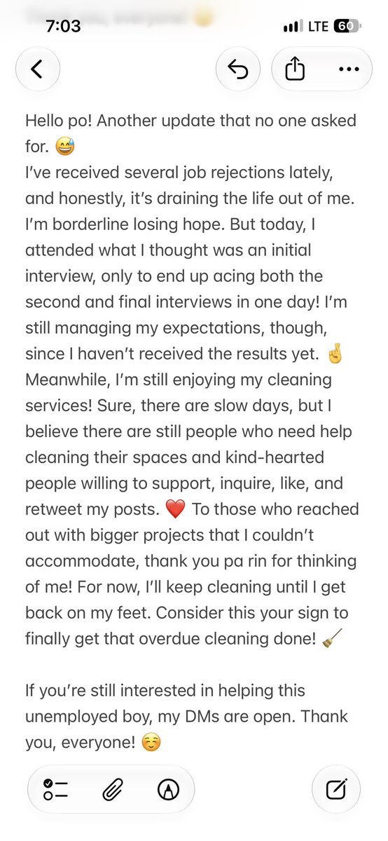 UD_Anonymous's tweet photo. Hello po! 🥹 Here’s an End-of-month update from your unemployed boy doing cleaning services.🧹✨ Hoping you’ll have time to read. Every booking, like, RT, and inquiry means a lot. Thank you! 💗

My DMs are open 📩🫶 https://t.co/l4YpetCOXV