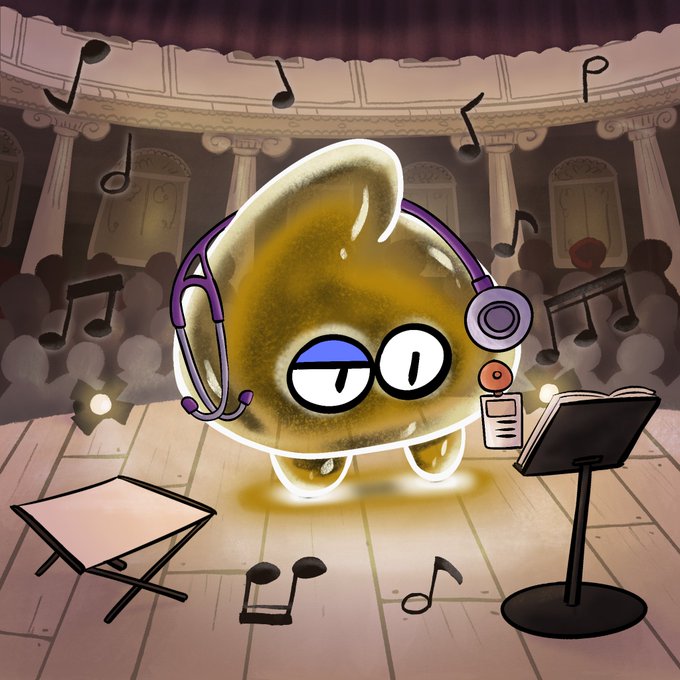 A sleepy golden cartoon character wearing headphones and a name tag performs on a theater stage with musical notes floating around, a music stand in front and a folding chair nearby. The character's half-closed, droopy eye perfectly captures the "one eye open" mid-week exhaustion of the post, while the dramatic stage setting mirrors the "show must go on" sentiment despite the weariness.