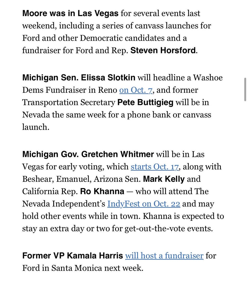 meganmesserly's tweet photo. Some scoopy Nevada 2028 tidbits in today’s @playbookdc —
Prospective Dem 2028ers are pouring money into Nevada (more than $1 million collectively) and making the trek themselves to boost Aaron Ford’s gubernatorial campaign in the final stretch.
Those pouring in cash / fundraising: Pritzker, Beshear, Rahm, Gallego, Newsom, Moore, Shapiro and Booker.
And those coming in person in the coming weeks: Slotkin, Buttigieg, Whitmer, Beshear, Rahm, Kelly and Khanna. (Moore was there this weekend.)