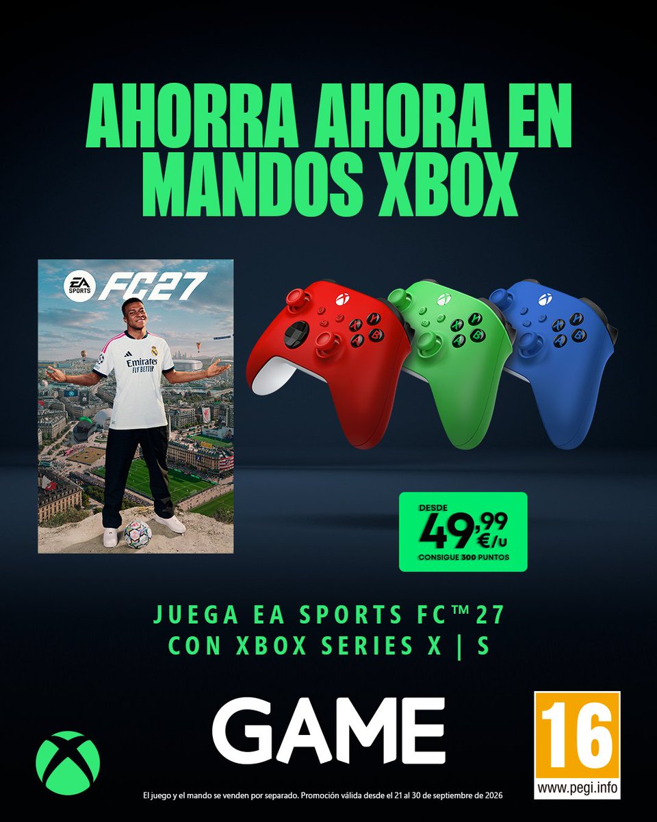 VideojuegosGAME's tweet photo. Estrena un mando de XBOX desde solo 49,99€ y deja de echarle la culpa al lag. Que lo único que se rompa en el terreno de juego sean las caderas de los defensas rivales (y no tu paciencia). ⚽🎮

Hazte con el tuyo en GAME. 👇
https://t.co/LN4dCuDGb1 https://t.co/ClD7Qm0luV