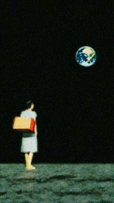 An artistic image depicts a small figure of a woman holding a red box standing on a green surface against a black background, looking up at a distant Earth resembling the moon.