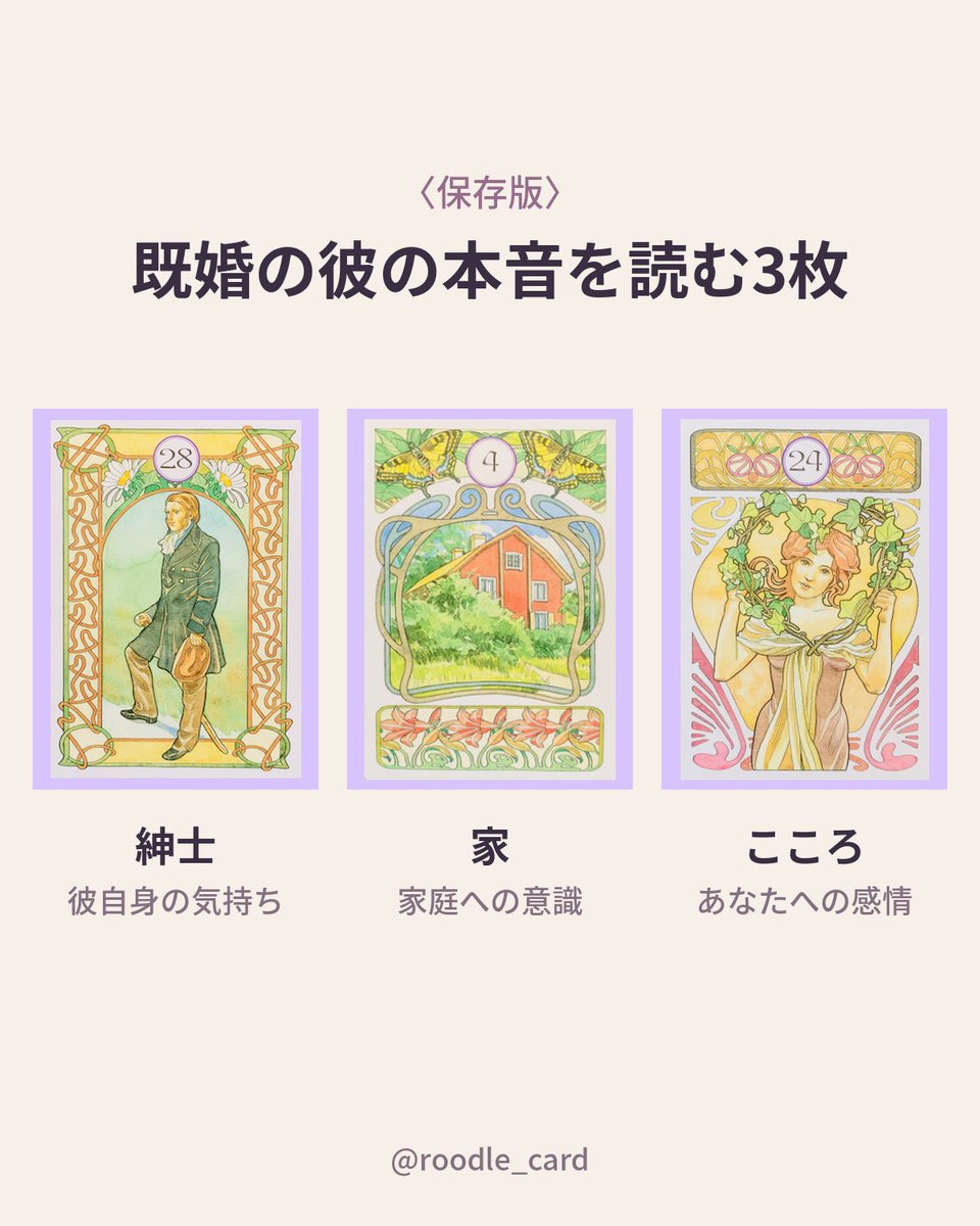 roodle_card's tweet photo. 〈保存版〉既婚の彼の本音を読むときに見る3枚。

彼自身の気持ち、家庭への意識、あなたへの感情。
この3つは、分けて読むと見え方が変わります。
迷ったときに見返せるよう、画像にまとめました。保存しておいてください。

#ルノルマンカード #カード解説 #占い #恋愛占い #占い好きな人と繋がりたい