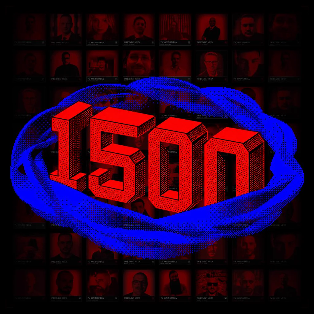 The number 1500 in large red 3D pixel-style digits, wrapped in a blue ribbon. In the background, a grid of "I'm joining MEGA" cards with photos of people who signed up.