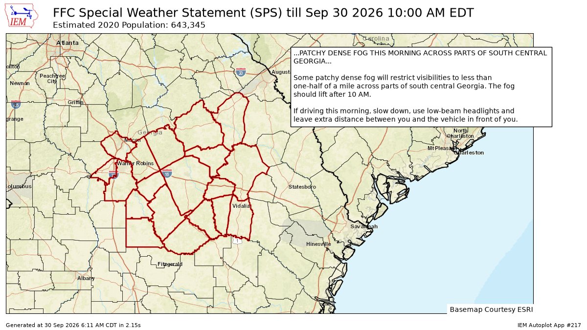 ChristinaWSBwx's tweet photo. PATCHY DENSE FOG THIS MORNING ACROSS PARTS OF SOUTH CENTRAL GEORGIA for Bibb, Bleckley, Dodge, Emanuel, Houston, Jefferson, Johnson, Laurens, Montgomery, Peach, Pulaski, Telfair, Toombs, Treutlen, Twiggs, Washington, Wheeler, Wilcox... till 10:00 AM EDT https://t.co/JjtsKaLCIe https://t.co/hGxuPdPzSk