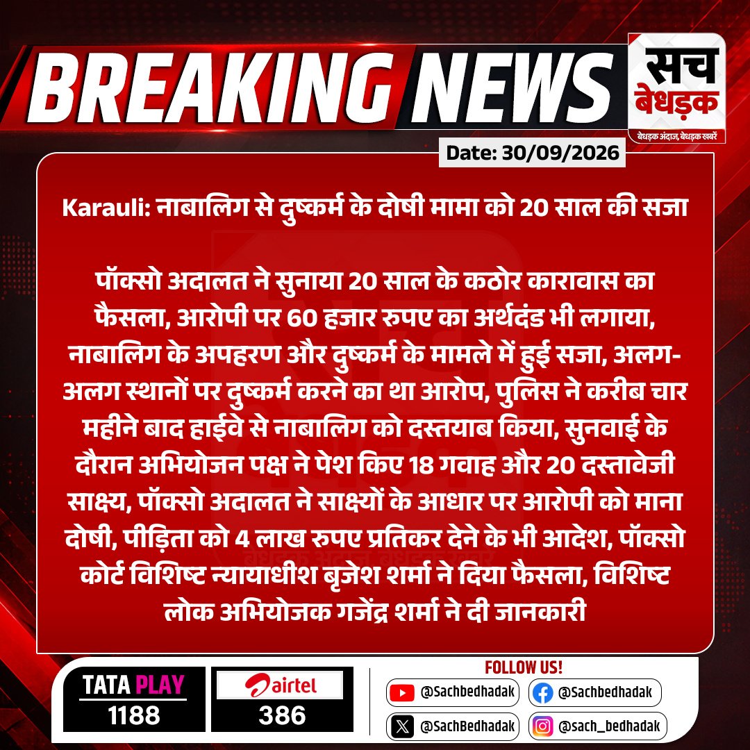 SachBedhadak's tweet photo. #Karauli: नाबालिग से दुष्कर्म के दोषी मामा को 20 साल की सजा

पॉक्सो अदालत ने सुनाया 20 साल के कठोर कारावास का फैसला, आरोपी पर 60 हजार रुपए का अर्थदंड भी लगाया....

#RajasthanWithSB #POCSO #POCSOCourt https://t.co/ZJWhtHORlI
