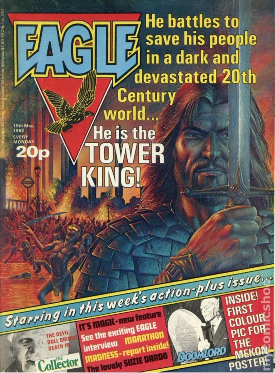 ScarredForLife2's tweet photo. The revived EAGLE (1982) was ostensibly the family-friendly alternative to 2000 AD. Nevertheless, it gave us the famously creepy Doomlord, dystopian nightmare The Tower King, fearsome dinosaur Bloodfang, and gritty dole drama Dolebusters! https://t.co/alHk7NCvSO