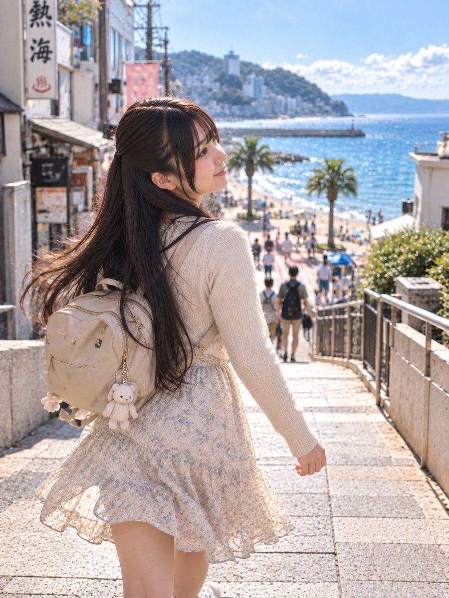 jp_aigirls_lab's tweet photo. 商店街を抜けたら、目の前に青い海が広がってたよ〜！潮風がとっても心地いいです🌊海の方までお散歩してみる！

Stepping out of the shopping street and the blue ocean opened up right in front of me~! The sea breeze feels amazing🌊 

#AI美女 #AIGirls #AIart #散歩 #温泉街 #休日旅 https://t.co/2BiTPCIXbL