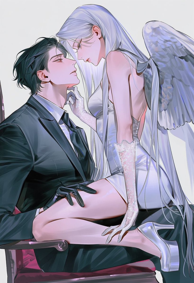 munzi__00's tweet photo. 천사가 내려왔네 프롬 공유

공통 : 2people, simple background, white background, intimate distance, straddling, sitting on lap, holding hands, looking at each other, eye contact, high tension, highly detailed,

왼 : sitting, looking up at partner, holding partner's hand, hand on partner's thigh, formal suit, black suit, white dress shirt, necktie, formal gloves

오 : straddling partner, sitting on partner's lap, leaning forward, looking down at partner, hand on partner's chin, touching partner's face, white lace gloves, angel wings, 
수트(white suit, white dress shoes,) 드레스(tight mini dress, sleeveless dress, platform shoes,)