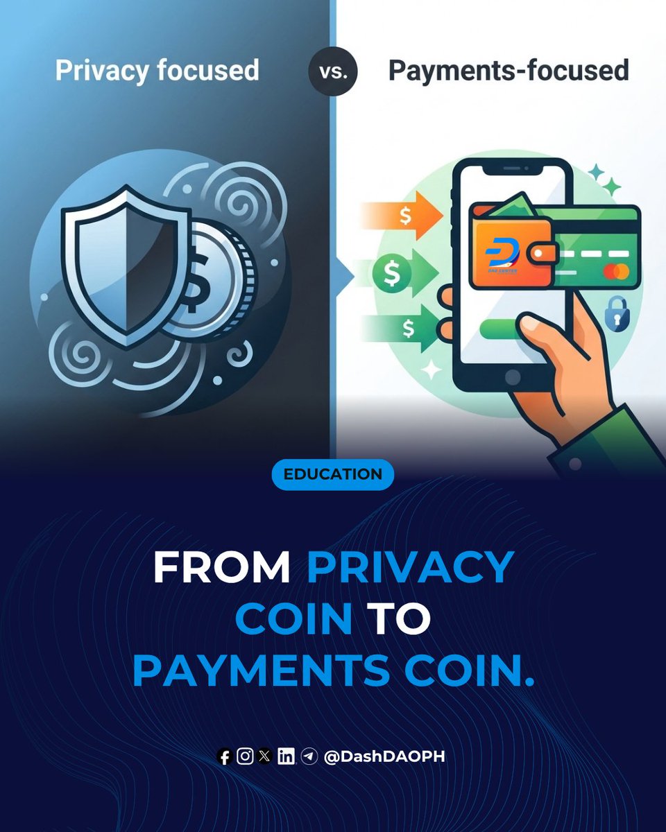 DashDao_PH's tweet photo. From Privacy Coin to Payments Coin.

In 2020, Dash clarified its focus was on speed, low cost, and ease of use, making it a payments-focused cryptocurrency with optional privacy. Today, payments remain central to Dash, while privacy continues to evolve as an additional feature. https://t.co/ybgJNzpI8X