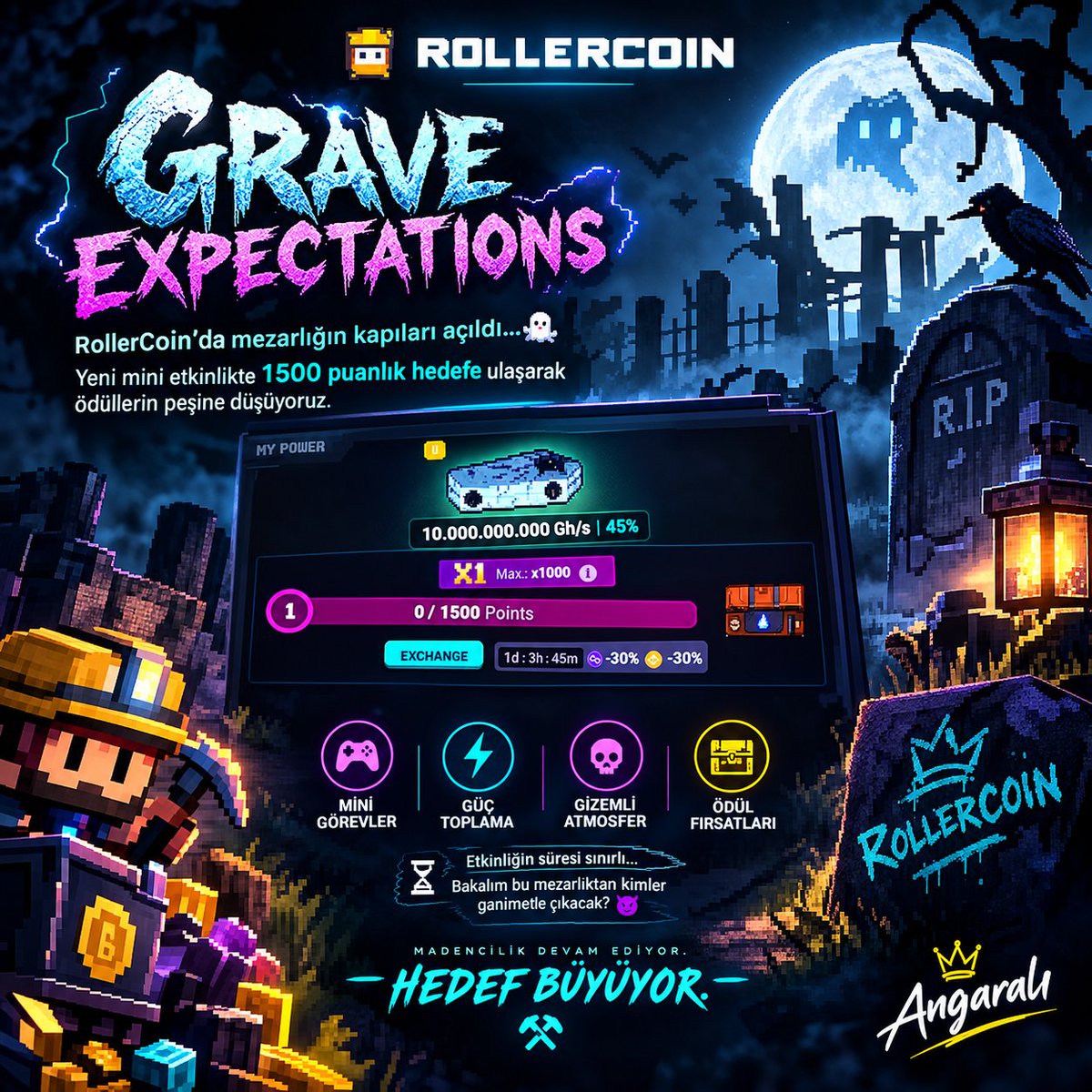 xAngarali006's tweet photo. 🪦 DUYURU | GRAVE EXPECTATIONS 👻
RollerCoin’da yeni mini etkinlik başladı! ⚡⛏️

Grave Expectations ile birlikte mezarlığın kapıları açıldı. 💀
Hedefimiz belli: 1500 puana ulaşmak ve etkinlik boyunca sunulan fırsatları değerlendirmek. 🎮🏆

⏳ Etkinlik sınırlı süreli.
🔥 Gücümüzü topluyoruz.
⛏️ Madenciliğe devam ediyoruz.
👑 Angaralı olarak hedefi büyütüyoruz!
Bakalım bu mezarlıktan kimler ganimetle çıkacak? 😈

#RollerCoin #GraveExpectations #Gaming #CryptoGaming
