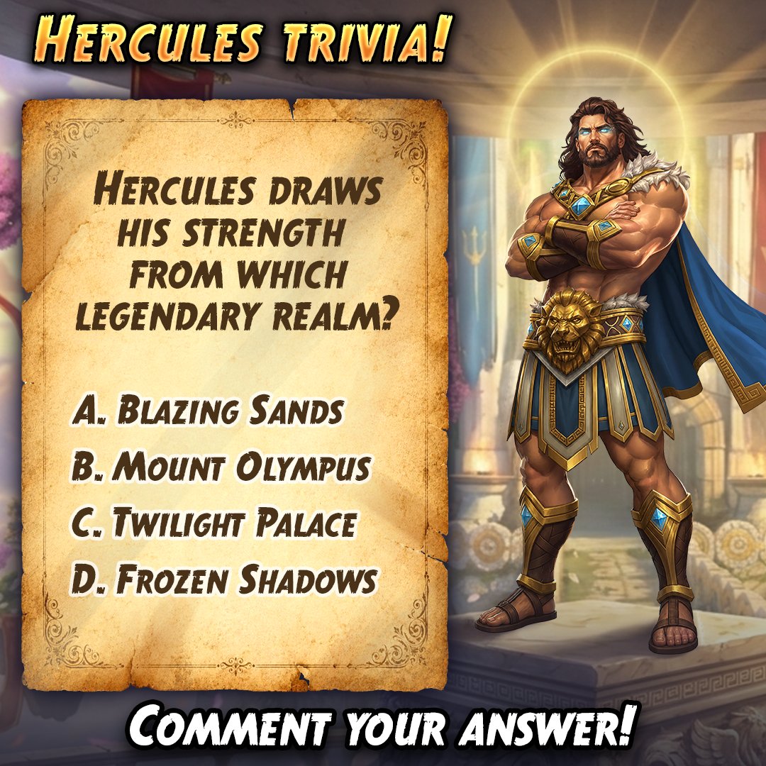 TempleRun's tweet photo. Hero Trivia! 🏛️ 
Think you know your legends?
Where does Hercules draw his strength from?
👇 Drop your answer before checking the comments!

🕹️ Play now: https://t.co/J0VThXbMw9

#TempleRun2 #Trivia https://t.co/VOwGuHLXFQ