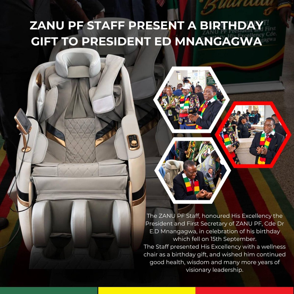 Saba2102's tweet photo. ZANU PF staff present a birthday gift to  President ED Mnangagwa. Musvike Muzana Shumba Murambwi. https://t.co/Zib6DdCcPc