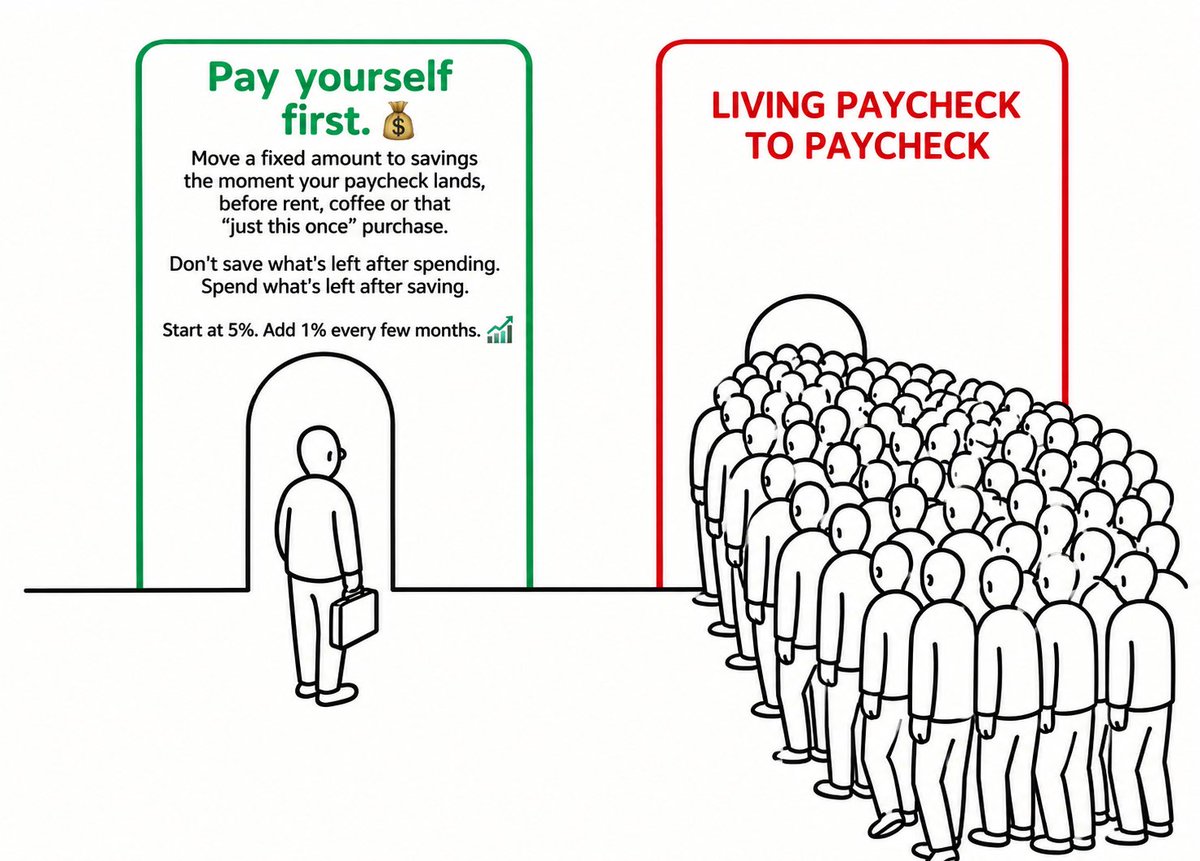 ItsLokiXx's tweet photo. Pay yourself first. 💰
Move a fixed amount to savings the moment your paycheck lands, before rent, coffee or that "just this once" purchase.
Don't save what's left after spending. Spend what's left after saving.
Start at 5%. Add 1% every few months. 📈 https://t.co/2zaNEuJXOp