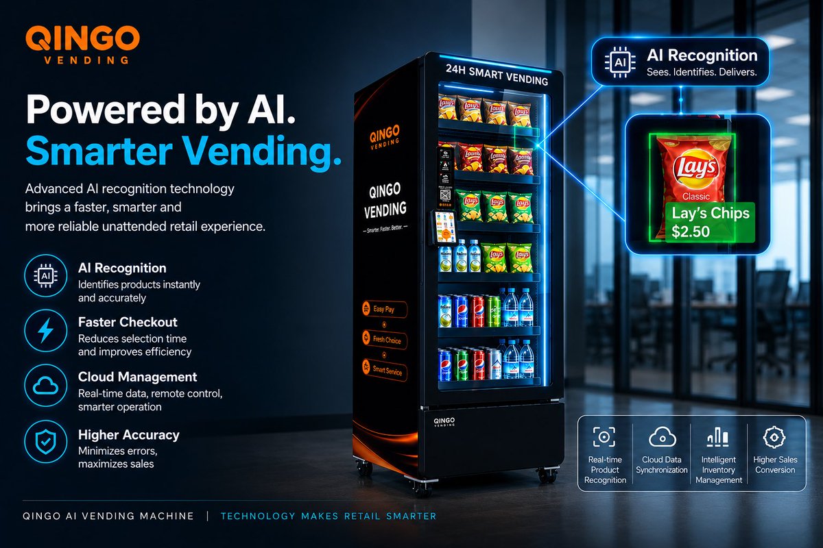 QingoVending's tweet photo. Vending is getting smarter. 

QINGO AI Vending combines:

👀 AI Recognition
⚡ Faster Checkout
☁️ Cloud Management
📊 Smart Inventory
🎯 Higher Accuracy
The future of vending is AI-powered.

#QINGO #AIVending #SmartVending #RetailTech https://t.co/P3kyadTNAM